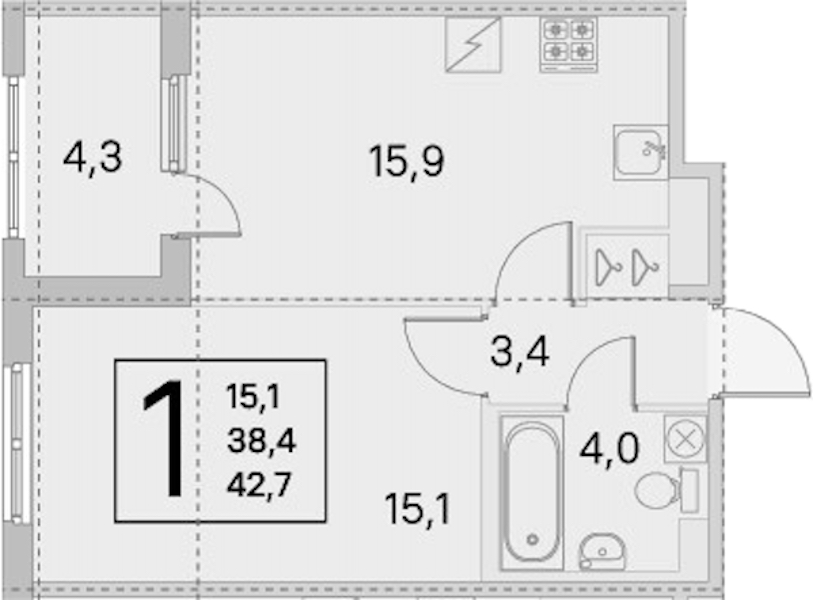 1-комнатная квартира 38.4 м², 2/5 эт., ЖК «ЮгТаун. Олимпийские кварталы»